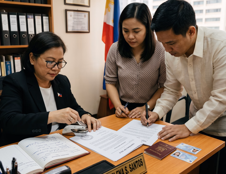 A Filipino couple formally signs a document before a notary public who applies an official seal in a professional office setting.