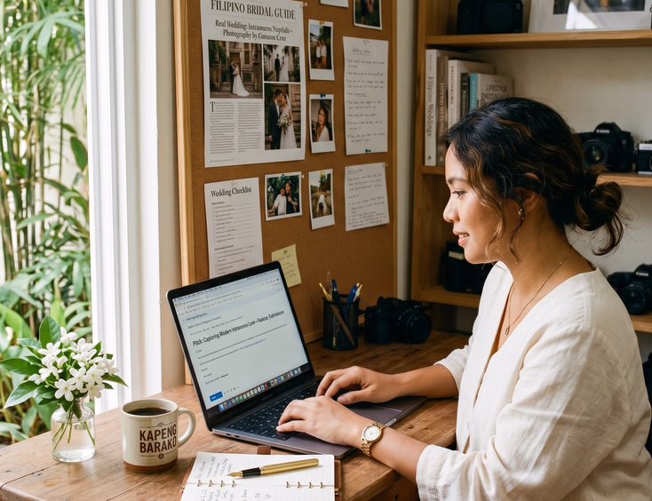 Filipino wedding photographer drafting a pitch email to a wedding publication on her laptop in a Quezon City home studio.