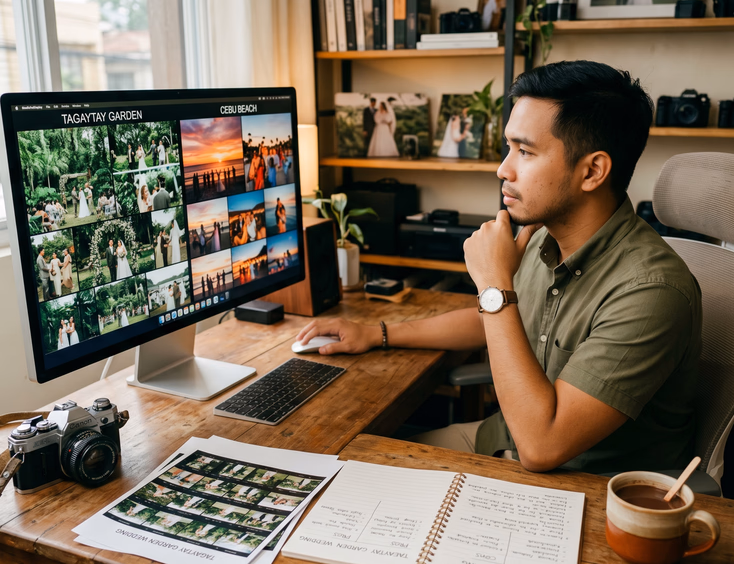 Filipino wedding videographer reviewing wedding photos on a computer monitor in his Marikina studio to select a submission for a feature.