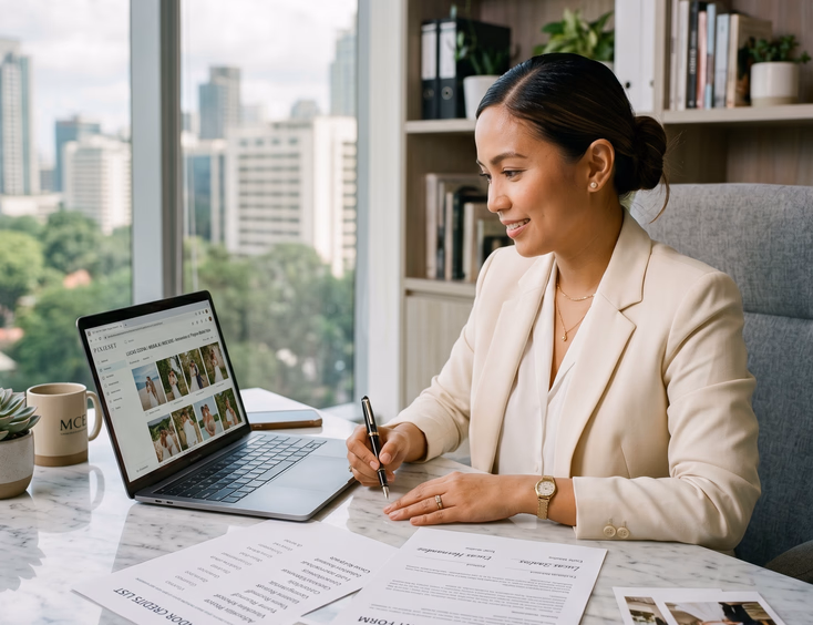 Filipino wedding coordinator preparing a real wedding submission package on her laptop in a Makati office.
