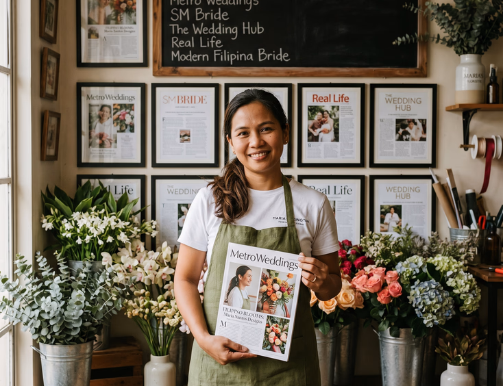 Filipino wedding florist holding an open magazine displaying her featured work in a Pasig studio.