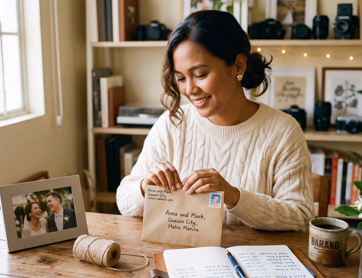 Filipino wedding photographer in her Quezon City studio writing a handwritten thank-you card to a client.