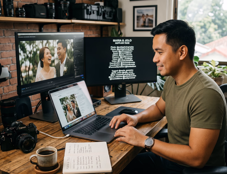 Filipino wedding videographer in his Marikina studio publishing a wedding feature on Instagram.
