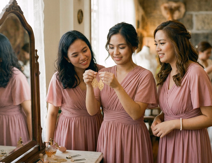 Three Filipino bridesmaids in dusty rose gowns near a vanity mirror, one holding gold earrings, smiling in soft natural light during bridal prep