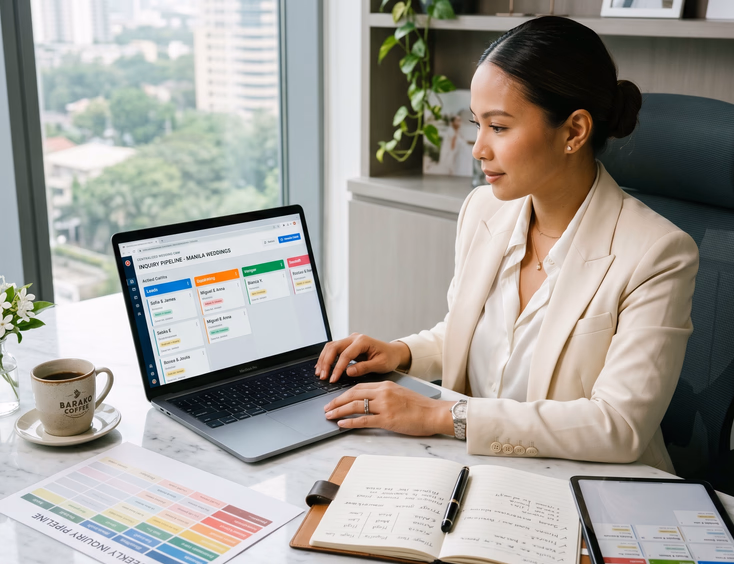 Filipino wedding planner managing client inquiries on a CRM dashboard in her Makati office.