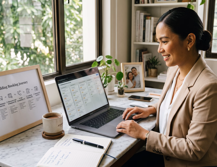 Filipino wedding coordinator tracking lead booking stages on a laptop in her Quezon City office.