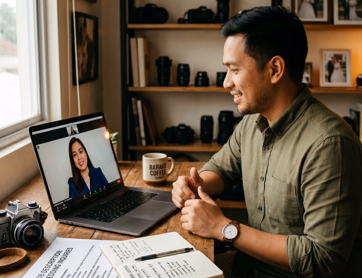 Filipino wedding videographer interviewing a virtual assistant candidate on a video call in his Marikina studio.