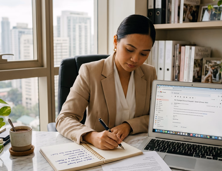 Filipino wedding coordinator writing diagnostic budget questions in a notebook at her Makati office desk.