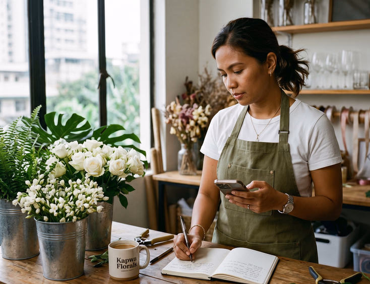 Filipino wedding florist drafting a polite budget rejection message on her smartphone at a Pasig studio worktable.