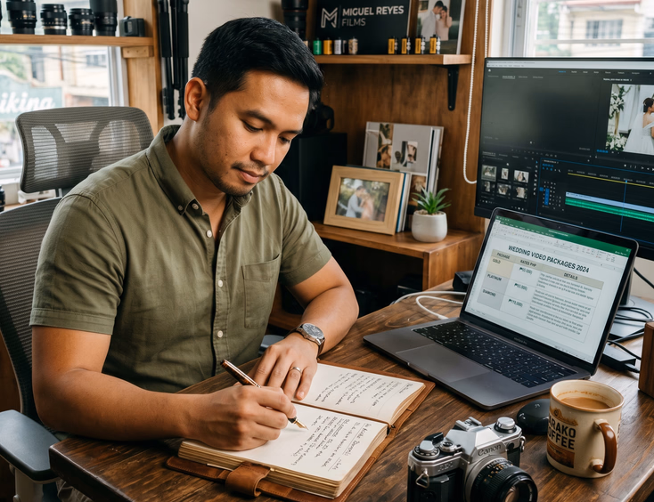 Filipino wedding videographer writing an internal pricing policy in a notebook in his Marikina studio.