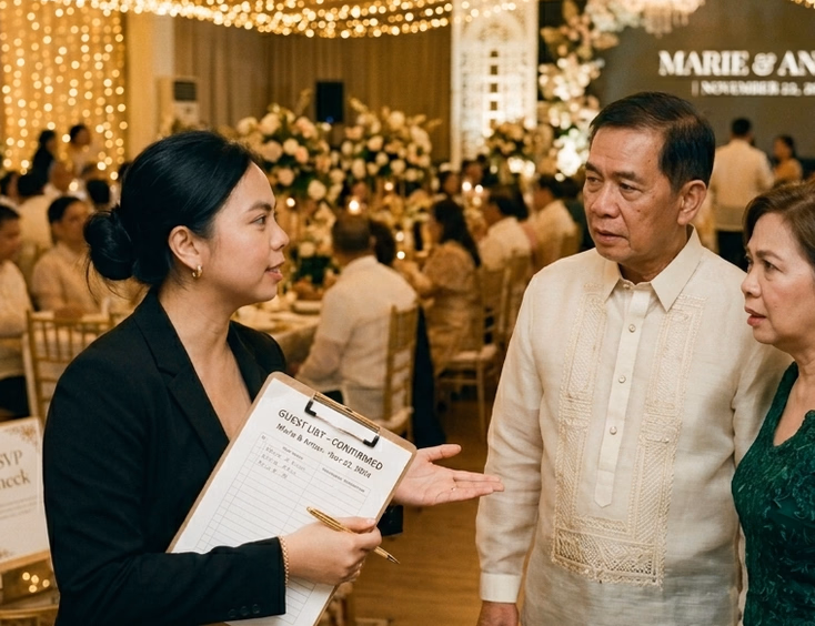 A Filipino female wedding coordinator in her 30s holding a clipboard speaks calmly with an unexpected Filipino couple in their 50s at a decorated reception hall, gesturing toward a side area while formally dressed guests sit at floral-centered tables under warm string lights in the background.