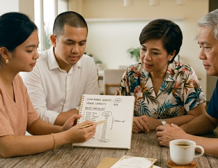 A Filipino couple in their late 20s sits at a dining table with their parents, the younger woman pointing to a guest list and venue capacity number in an open notebook while the older woman listens attentively, with a printed wedding invitation on the table between them in warm evening indoor lighting.