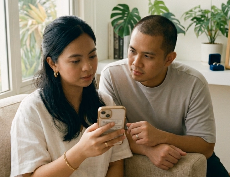 A Filipino couple in their late 20s sits together on a sofa in a bright airy living room in a relaxed but serious conversation, the woman holding a phone showing a message thread while the man leans forward listening, with a framed wedding photo on the shelf behind them in soft natural morning light.