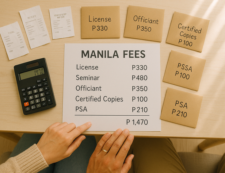 Overhead view of Manila civil wedding budget with envelopes and receipts