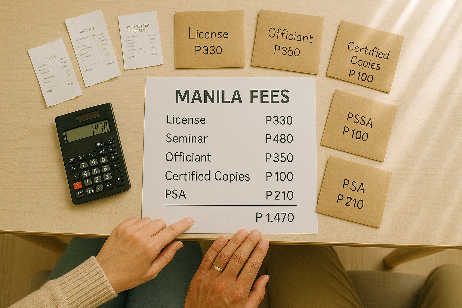 Overhead view of Manila civil wedding budget with envelopes and receipts