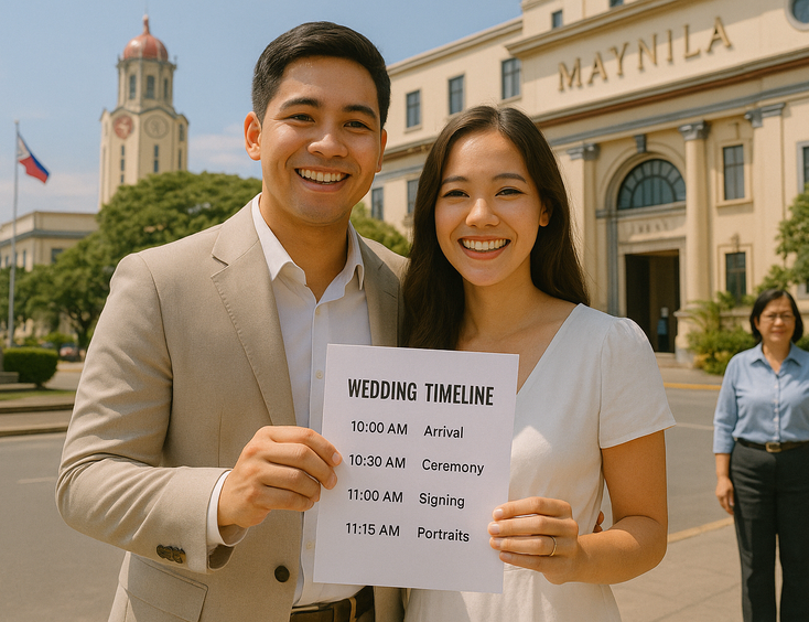 Couple at Manila City Hall following a printed ceremony day timeline