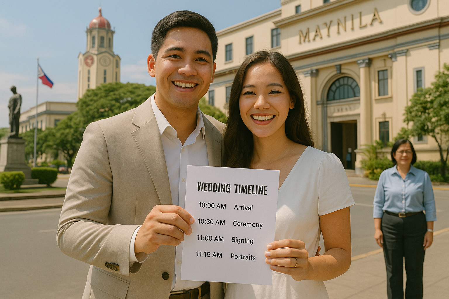 Couple at Manila City Hall following a printed ceremony day timeline