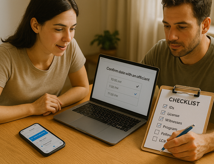 Couple confirming officiant and ticking a Manila civil wedding booking checklist