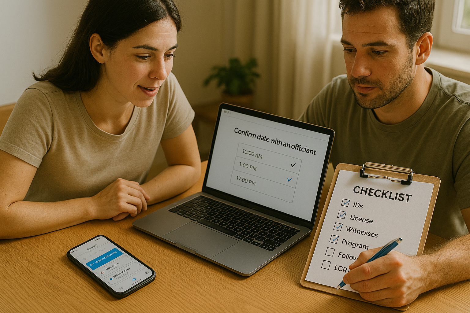 Couple confirming officiant and ticking a Manila civil wedding booking checklist