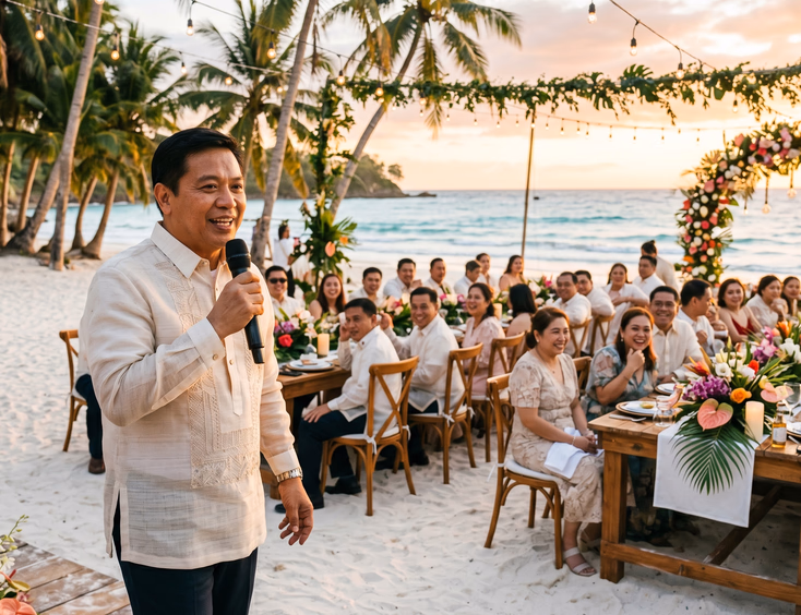 Filipino wedding host in linen barong speaking into wireless microphone at beachfront reception with guests at wooden tables on white sand under golden hour light with coconut palms and turquoise sea