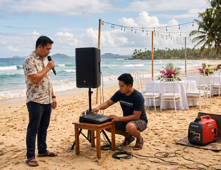 Filipino sound engineer and wedding host testing wireless microphone and portable speaker system on empty decorated beach venue with ocean waves and cables running to generator in late morning light