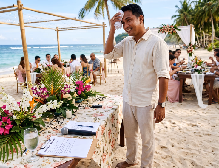 Filipino wedding host in cream linen shirt standing barefoot on sand at beach wedding reception wiping forehead with towel beside glass of water and notes in bright afternoon sun