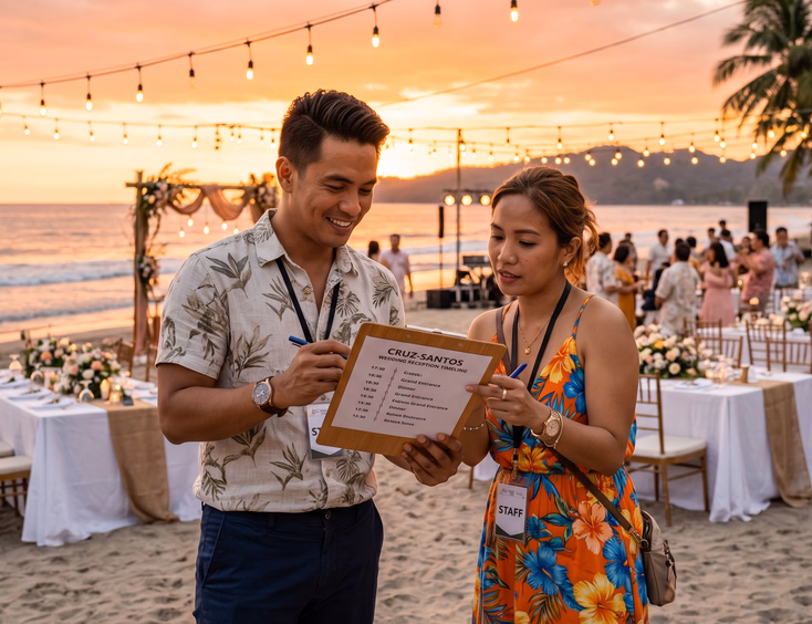 Filipino wedding host and coordinator reviewing printed timeline on clipboard together at edge of beach reception setup under orange sunset sky with decorated tables and string lights behind them