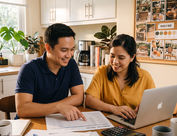 Filipino couple planning a wedding mobile bar budget at a kitchen table with a laptop, printed spreadsheet, and a mobile bar inspiration mood board on a corkboard behind them