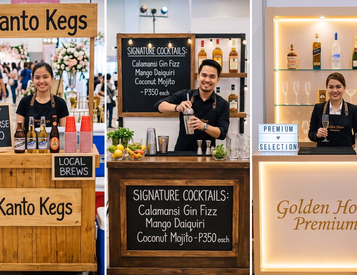 Three mobile bar setups at a Philippine wedding expo ranging from a simple wooden cart to a mid-range rustic station to a premium LED-lit bar with champagne flutes and top-shelf bottles