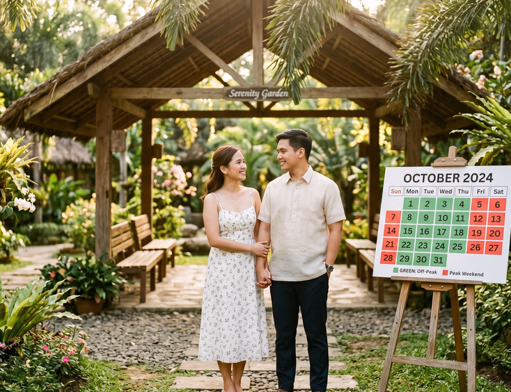 Filipino couple standing in an empty garden wedding venue beside a wall calendar showing off-peak dates in green and peak weekends in red on a quiet weekday afternoon