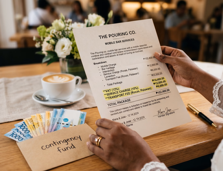 Close-up of a Filipino bride's hands holding a printed mobile bar contract beside a contingency fund envelope with peso bills and highlighted line items for VAT service charge and transport fee