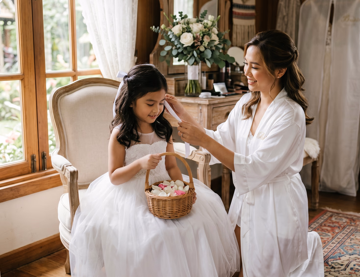 Young Filipino flower girl in white tulle dress holding a petal basket while a Filipino bride in a white robe kneels beside her adjusting the white ribbon in her half-up hairstyle