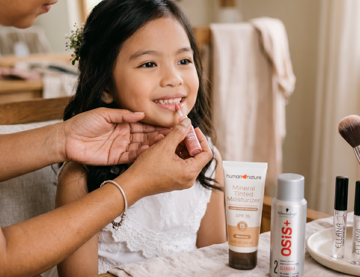 Close-up of a Filipino HMUA applying sheer tinted lip balm to a young Filipino flower girl with child-safe makeup products arranged on the table beside them in soft salon lighting