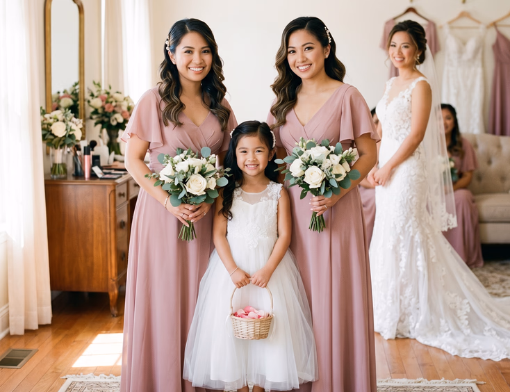 Two Filipino bridesmaids in dusty rose gowns with pearl-pinned half-up hairstyles flanking a young Filipino flower girl in a white tulle dress with a pearl clip inside a bright bridal suite