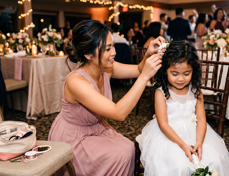 Filipino maid of honor in dusty rose gown kneeling to re-pin a floral clip in a young flower girl's tousled hair at a warmly lit wedding reception venue with string lights in the background