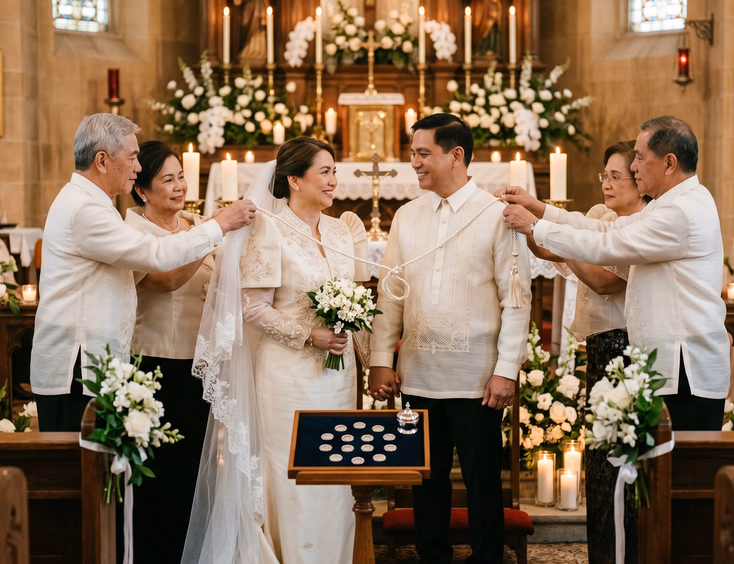 Filipino couple in their 50s during a chapel vow renewal, featuring the veil and figure-eight cord ceremony with sponsors.