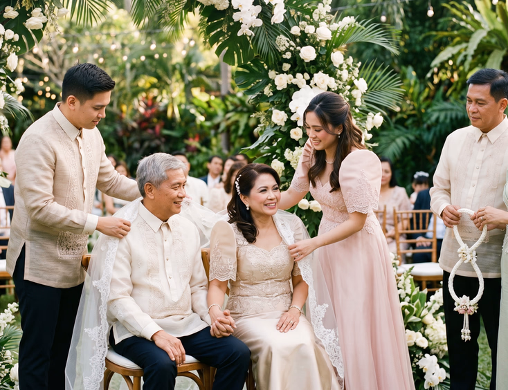 Two adult Filipino children draping a veil on their parents in their 60s at a garden wedding ceremony.