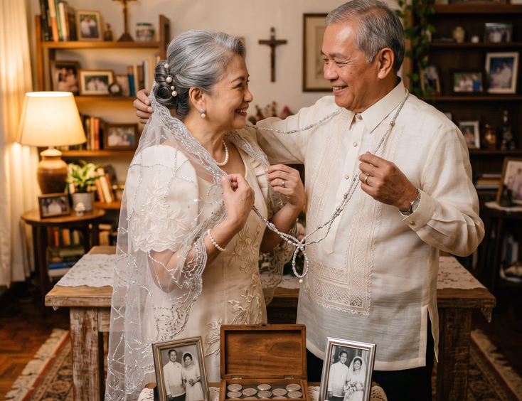 Senior Filipino couple in their 70s self-draping the veil and figure-eight cord during an intimate home vow renewal.