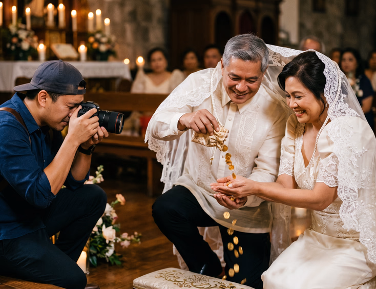 Close-up side angle of a photographer capturing the arrhae coin ceremony during a Filipino chapel wedding.