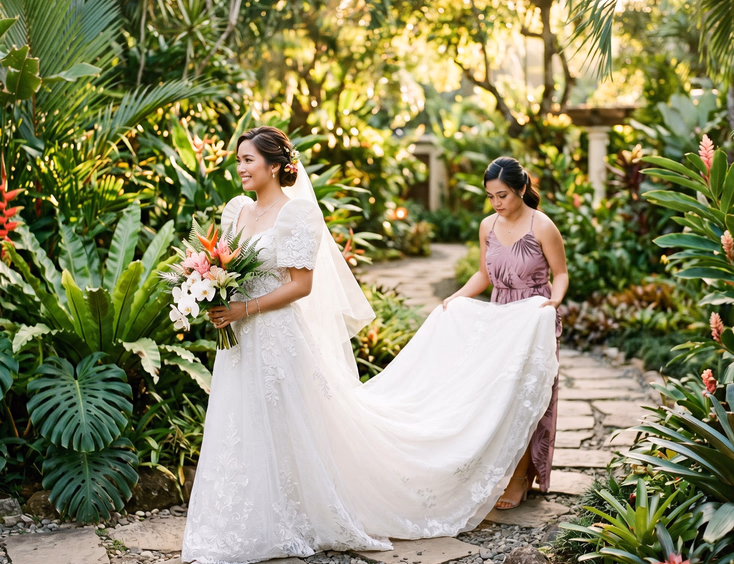 Filipino bride in white wedding gown walking along a garden path with a bridesmaid carefully holding the train off the ground behind her as tropical plants line the path in late afternoon golden light