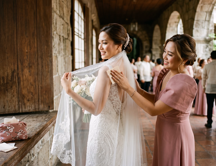 Filipino bridesmaid pressing an oil-absorbing blotting sheet against the upper back of a Filipino bride in a white wedding gown in a warmly lit church corridor with the bride holding her veil to one side and a small blotting sheet pouch on a wooden ledge nearby