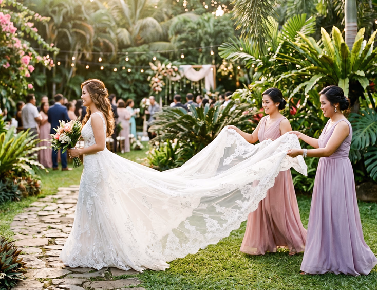 Two Filipino bridesmaids in pastel dresses lifting the long white bridal train above a grassy garden surface as the bride walks ahead on a stone pathway surrounded by tropical greenery in late afternoon sunlight