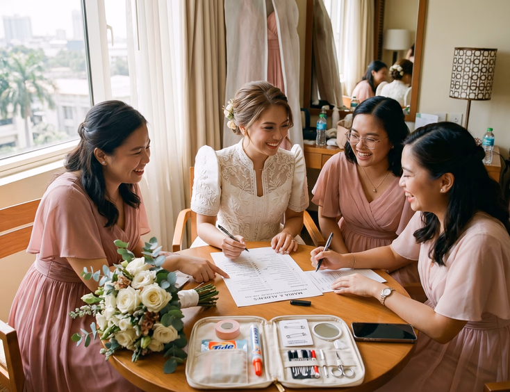 Filipino bride and three Filipino bridesmaids in a bright hotel room reviewing a printed checklist beside an open bridal emergency kit showing fashion tape, a stain pen, safety pins, and a small sewing kit in natural window light