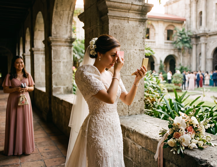 Filipino bride in her wedding gown blotting her T-zone with a compact mirror in a shaded church corridor with warm tropical light through stone arches and a bridesmaid holding a touch-up pouch in the background