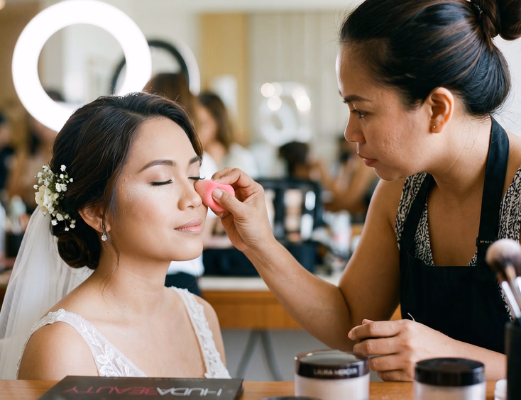 Close-up of a Filipino makeup artist pressing translucent setting powder under a Filipino bride's eye with a damp beauty sponge with makeup palettes and powder containers visible in the foreground and a ring light softly reflected behind