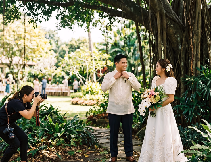 Filipino bride and groom standing under a large tree during an outdoor portrait session between ceremony and reception with a photographer crouching nearby and warm midday Philippine sunlight beyond the shade