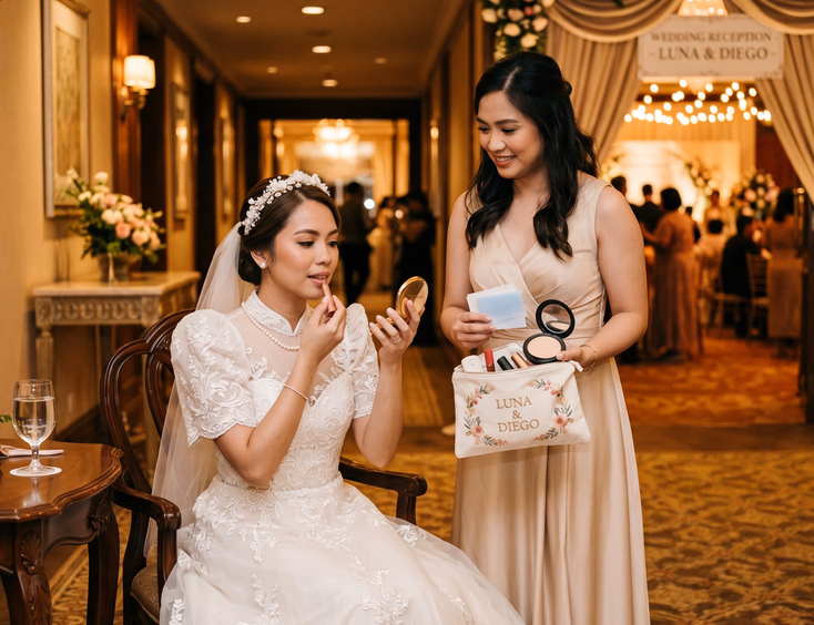 Filipino bride reapplying lipstick at a small table in a venue hallway while her maid of honor holds an open touch-up pouch beside her with warm reception lighting glowing from the ballroom entrance behind them