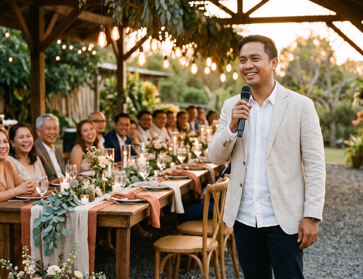Filipino wedding host in casual linen blazer speaking warmly into microphone at rustic outdoor reception with guests smiling along greenery and candle styled wooden banquet table under Edison bulbs at golden hour