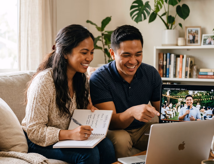 Filipino couple leaning toward laptop on couch watching Filipino wedding host demo reel while one points at screen and the other takes handwritten notes in cozy naturally lit living room