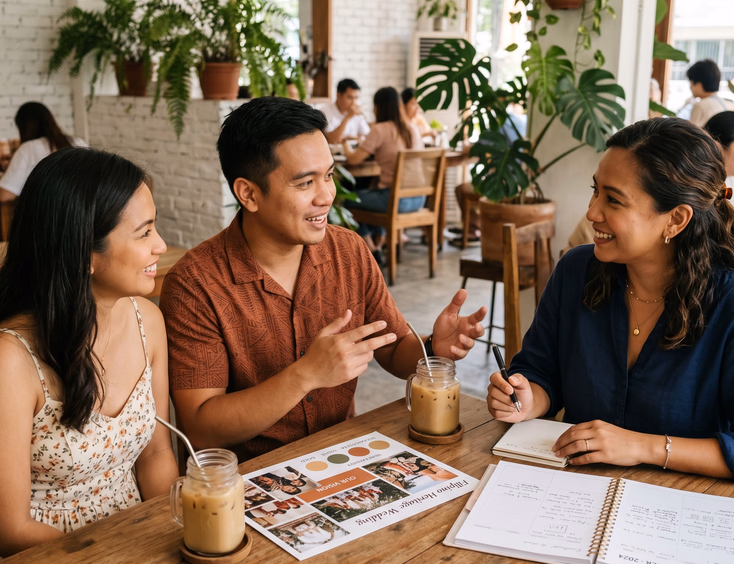 Filipino couple mid-conversation with engaged wedding host leaning over planner at bright airy café table with iced coffees and printed wedding mood board between them